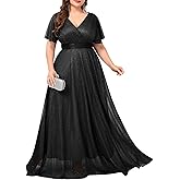 TIARALY Women's Plus Size Formal Dress Sparkly V Neck Ruffle Sleeve A Line Evening Gown Wedding Guest Bridesmaid Dresses