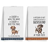 2Pcs Funny Dogs Kitchen Towels 24x14 Inch, Cute Dachshund Waffle Weave Dish Towels for Kitchen Home, White Absorbent Microfiber Hand Tea Towel, Weiner Dog Gifts for Women Dog Lovers 2