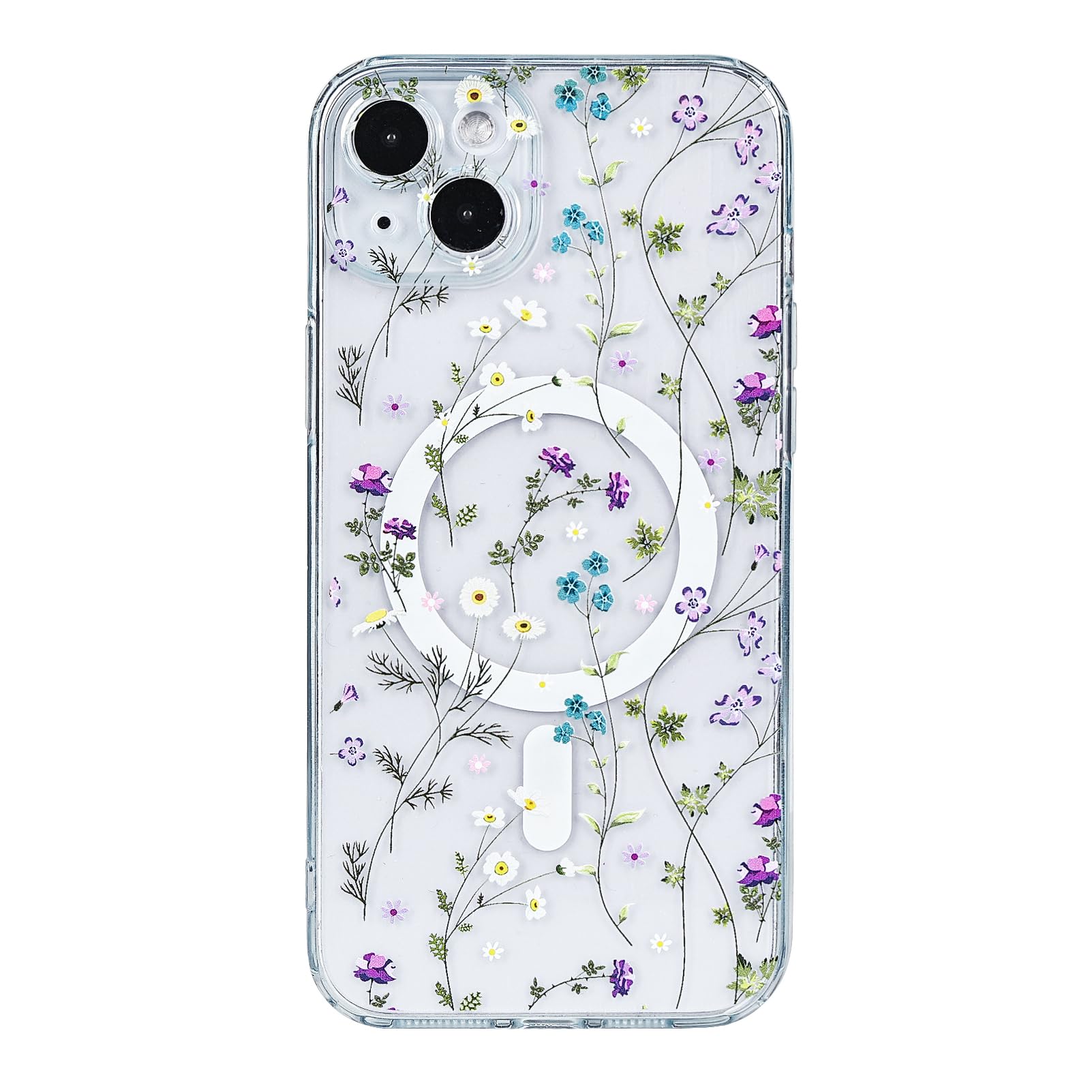 Eiyikof Compatible iPhone 14 Plus Magnetic Matte Translucent Case - Luxury Shockproof MagSafe Case with Cute Flower Pattern Hard Back Cover for Women Girls - Grass Floral