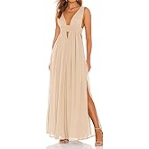 R.Vivimos Boho Dress for Women Sexy Deep V Neck Sleeveless Hollow Out Backless Casual Side Slit Maxi Dress