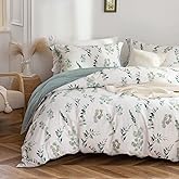 MILDLY Duvet Cover Queen Size - 100% Washed Cotton Sage Green Eucalyptus Reversible Floral Duvet Cover Set 3 Pieces with Zipper Closure Corner Ties