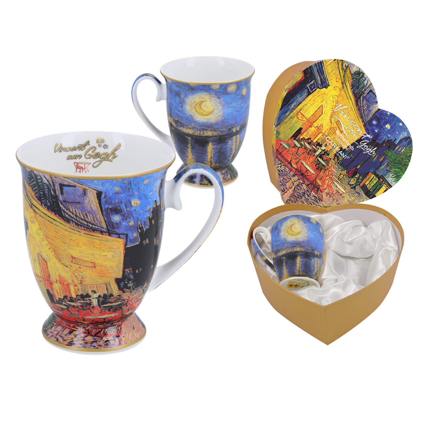 CARMANI - Set of 2 Fine Bone China Mug for Tea, Coffee in a Heart Shape Gift Box with Vincent Van Gogh - Café Terrace at Night and Starry Night 380 ml