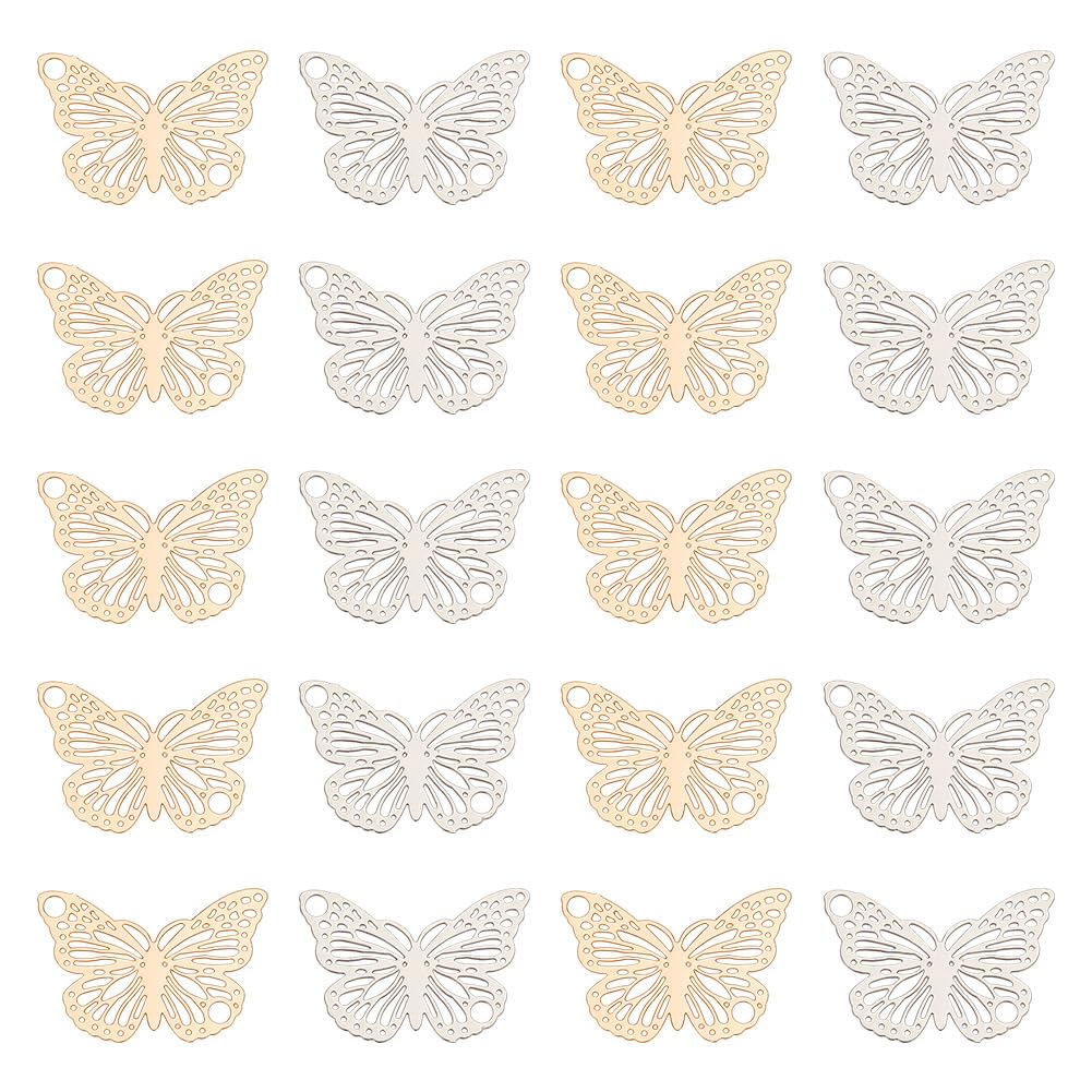 HOBBIESAY 80pcs 2 Colors Brass Golden Pendants Charms Butterfly Filigree Charms Etched Metal Embellishments Hollow Connector for DIY Necklace Bracelet Jewelry Making,Hole:1.4mm