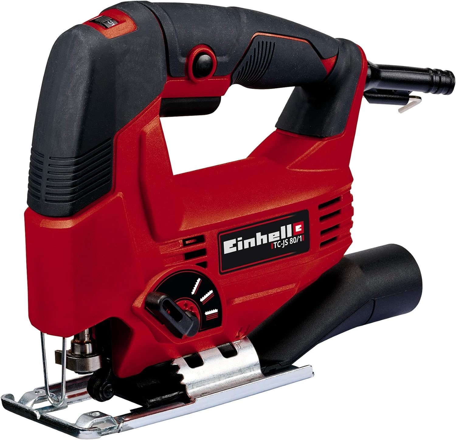Einhell Jigsaw 550W, 80mm Cutting Depth, Swivel Soleplate for 45° Mitre Cuts, Pendulum Action, Electronic Speed Control, Dust Extractor, Power Saw for Wood, Plastic and Metal TC-JS 80/1