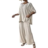 Women's Linen 2 Piece Outfits Short Sleeve Top Wide Leg Trouser Pants Suits Summer Casual Dressy Linen Sets
