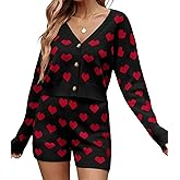 Doloame Womens Valentine's Day Sweater Sets Heart Knit Long Sleeve Cropped Cardigans High Waisted Shorts 2 Piece Outfits
