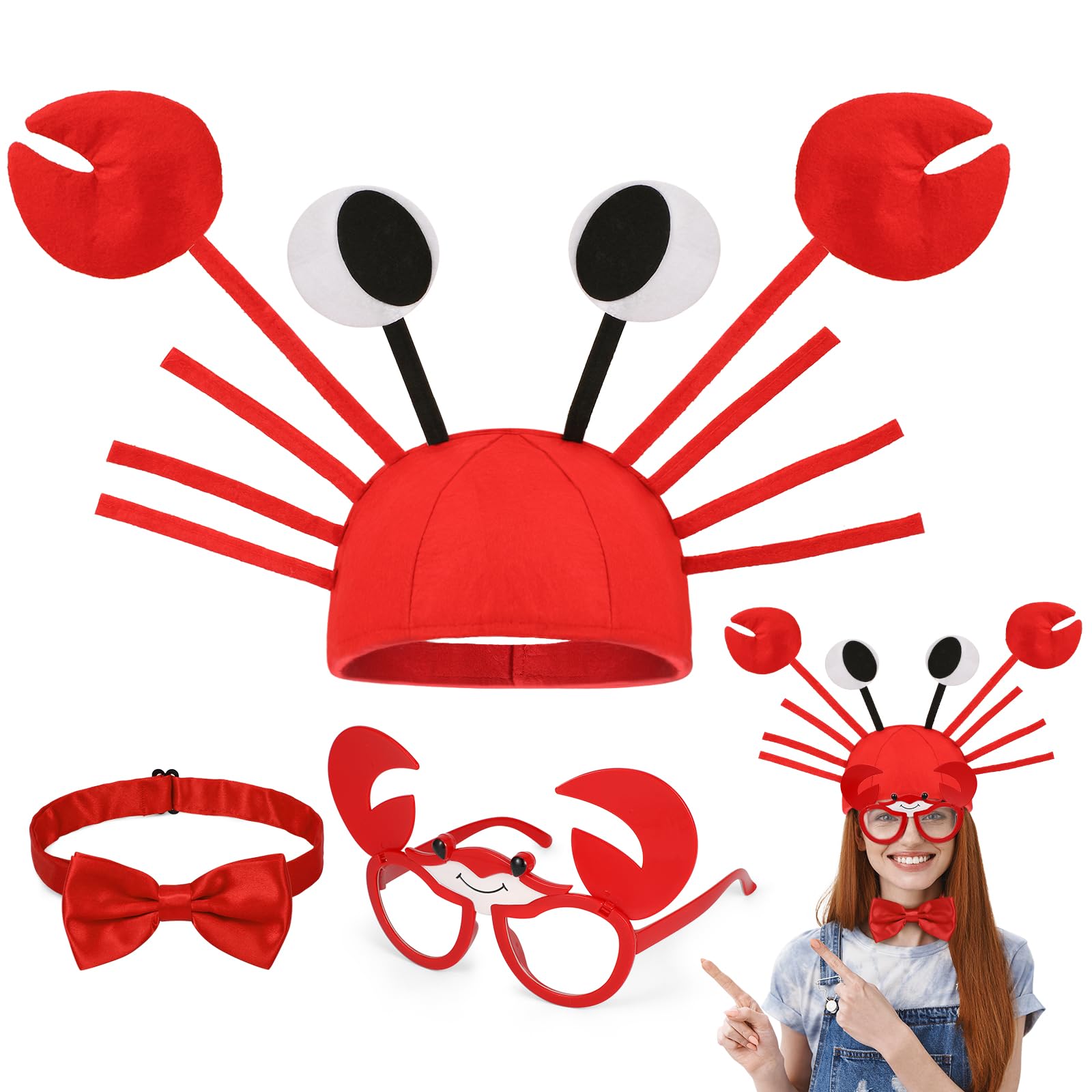 Hifot 3PCS Crab Costume Accessories, Funny Crab Hats, Red Bow Tie Set for Kids Adults, Animal Fancy Dress Hats for Cosplay Halloween Carnival Theme Party