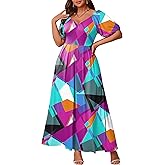 FANDEE Plus Size Maxi Dress for Women Casual V Neck Printed Long Dresses Puff Sleeves Long Beach Dress