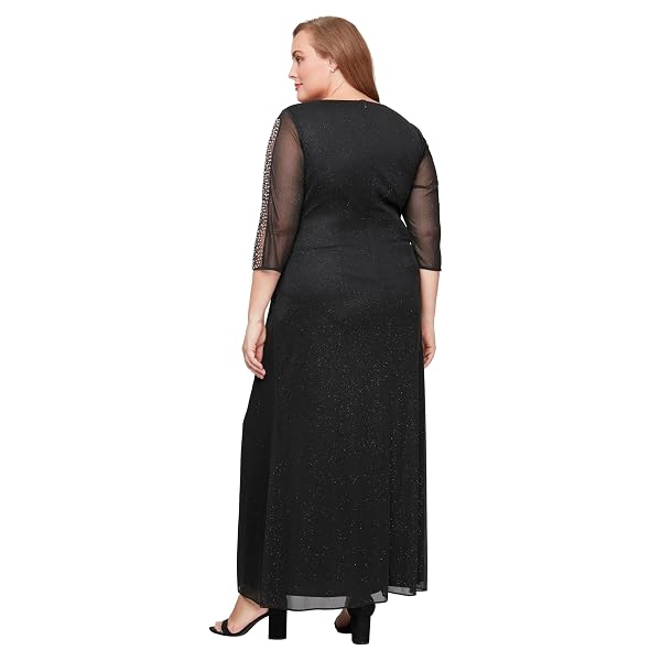 S.L. FASHIONS WOMEN’S LONG LENGTH RUCHED WAIST FORMAL MOTHER OF THE DRESS WITH BEADED ILLUSION 3/4 SLEEVES (PLUS SIZE),BLACK WITH FRONT SLIT, 20W