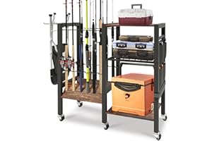 Dobures Fishing Rod Holder, 3-Tier Fishing Pole Rack, Fishing Equipment Organizer Tackle Storage Cart for Garage Organization, Holds up to 12 rods