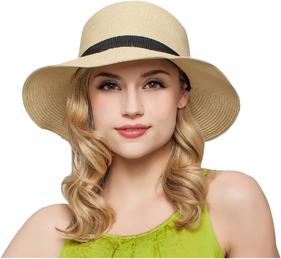 Butterme Womens Fashion Summer Beach Straw Hat Foldable Sun Hat Travel Beach Cap With Lovely Bowknot (Beige)