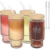 lilamacalla 16Oz glasses drinking set of 4,Ribbed Glass Cups With Lids And Straws,Glass Tumbler With Lid for Beer, Juice, Water, Iced coffee Cup,Whiskey