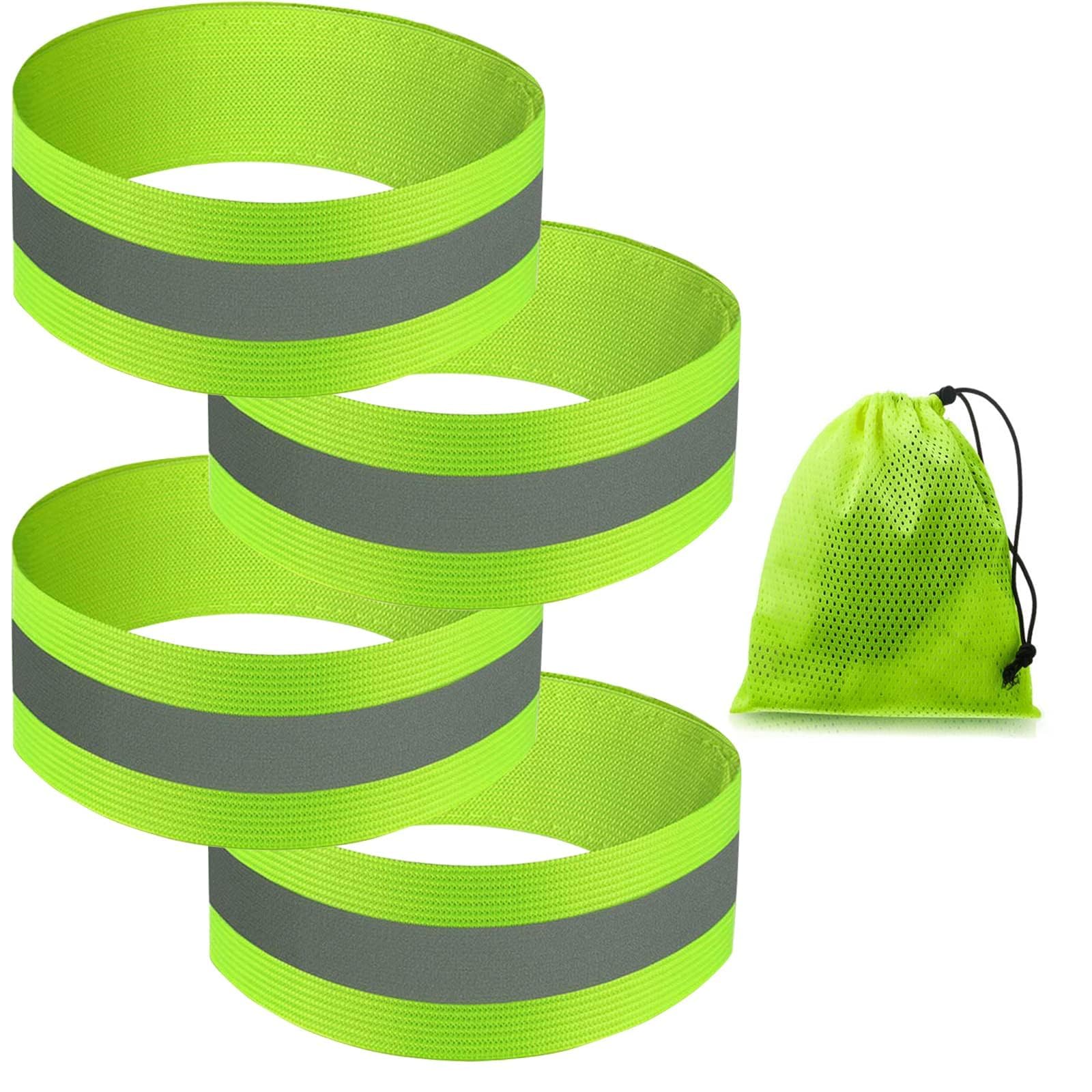 4Pcs Reflective Cycling Trouser Clips Reflective Wrist Strap Sport Elasticated Reflective Armbands Running Gear with Bag- High Visibility Armbands Snap Wrap for Biking, Running Cycling Safety