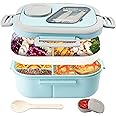 Tinaforld Adults Bento Lunch Box,Salad Container Large 43oz Salad Bowl, Bento-Style Tray for Toppings, 3oz Sauce Container for Dressings, and Built-In Reusable Fork (Blue)