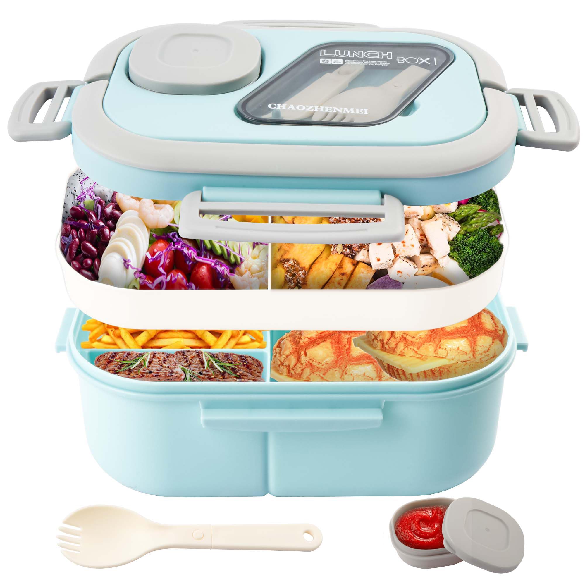 Photo 1 of Tinaforld Adults Bento Lunch Box,Salad Container Large 43oz Salad Bowl, Bento-Style Tray for Toppings, 3oz Sauce Container for Dressings, and Built-In Reusable Fork (Blue)