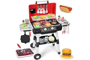 TOOYBING Kids Play Kitchen Toys, Kids BBQ Grill Playset with Smoke Sound Light, 2-Layer Barbecue Toy with Wheels, Outdoor Play Food Toys Cooking Set for Toddlers 3-5, Birthday for Boys Girls