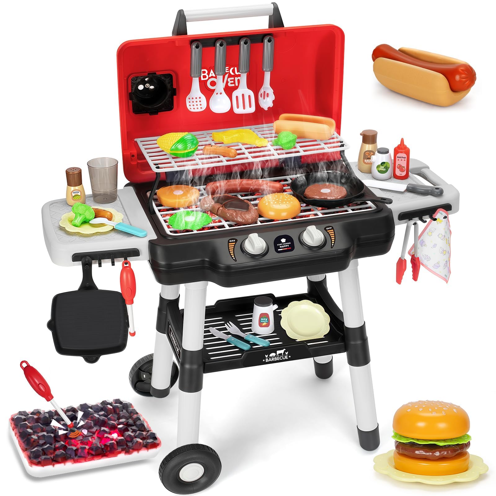 Photo 1 of Kids Play Kitchen Toys, Kids BBQ Grill Playset with Smoke Sound Light, 2-Layer Barbecue Toy with Wheels, Outdoor Play Food Toys Cooking Set for Toddlers 3-5, Birthday for Boys Girls
