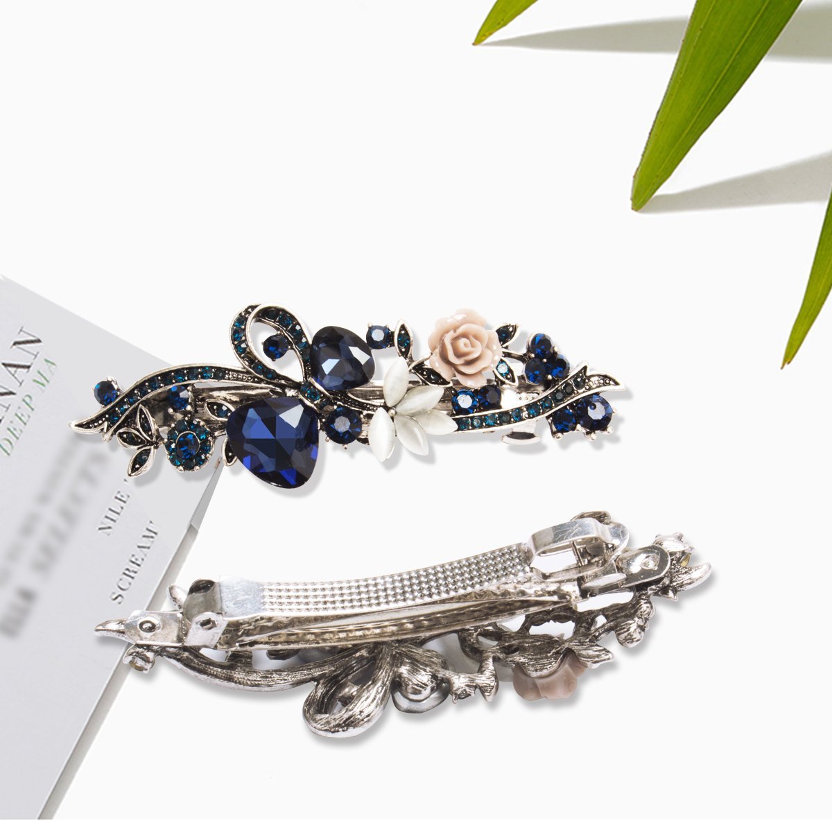 Kicosy Barrettes for Women Hair Barrettes for Women 3 Pack Vintage Shining Rhinestone Hair Barrettes Metal Flower Butterfly French Clip Faux Crystal Hair clip Spring Hair Barrette,Black and Navy Blue: Beauty