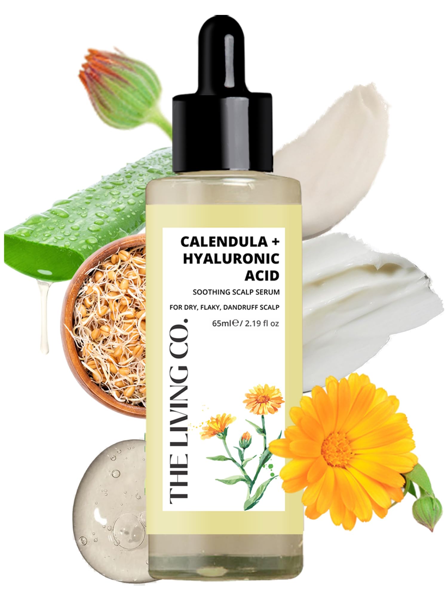 THE LIVING CO Calendula + Hyaluronic Acid Soothing Scalp Serum 65ml For Dandruff, Flaky & Dehydrated Scalp.