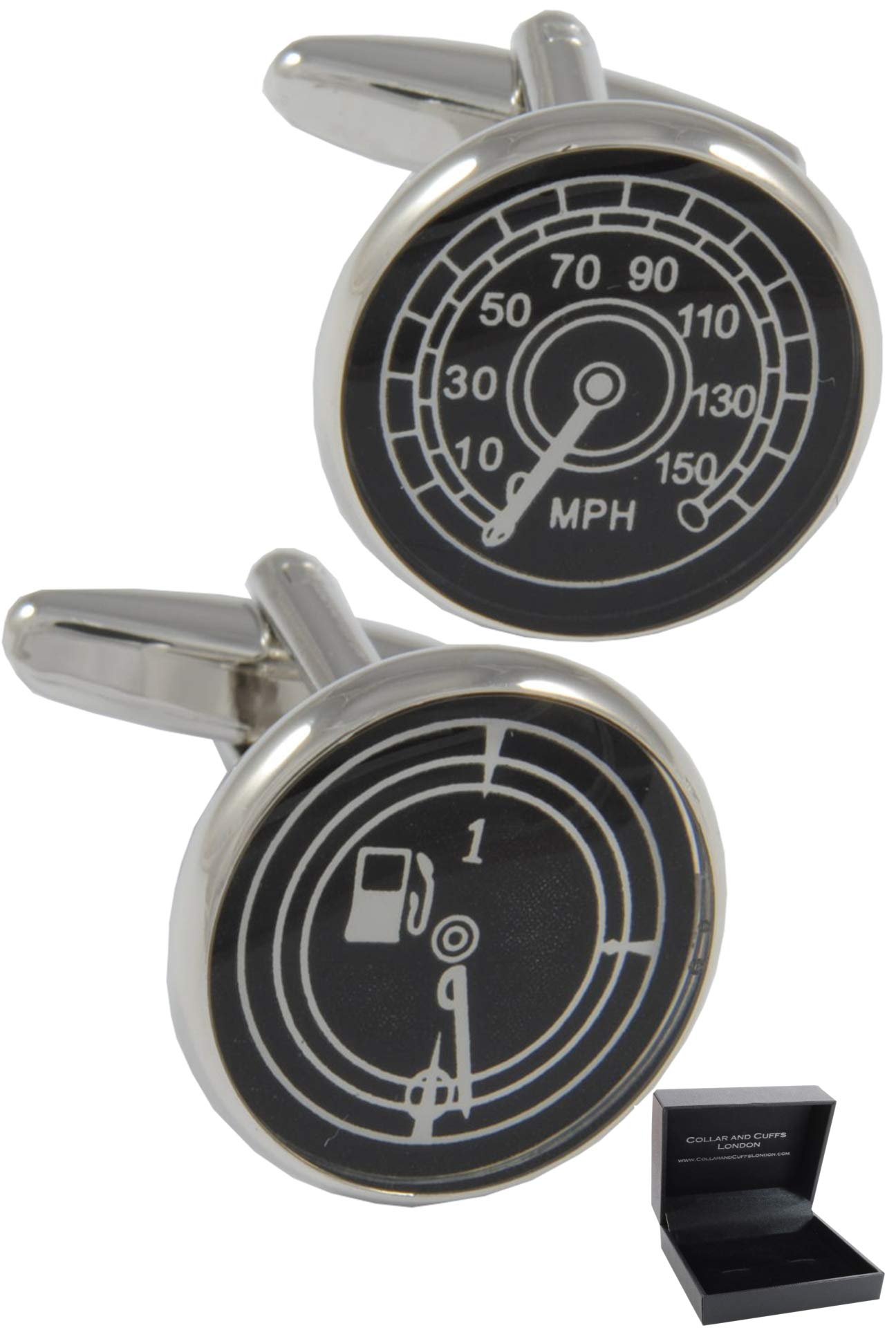 Cufflinks for Men + Presentation Box - Novelty - Car Speedometer and Petrol Gauge - Solid Brass Metal - Car Fuel Tank - Silver, Black and White - One Pair