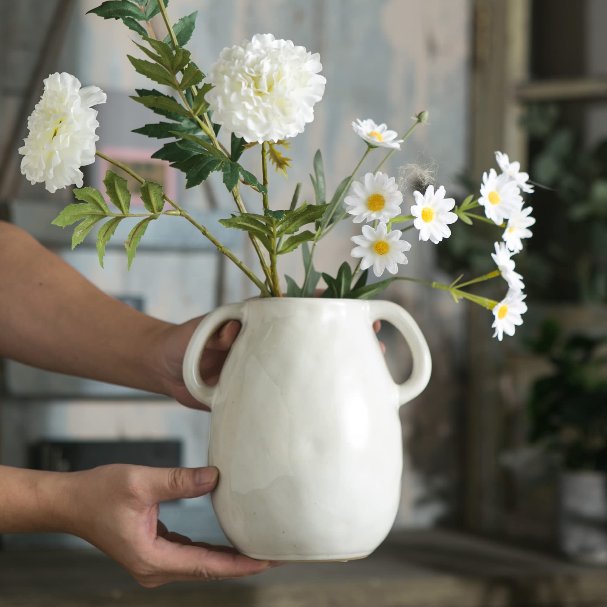 Tanvecle White Ceramic Vase with 2 Handles, Modern Farmhouse Vase for Home Decor, Rustic Terracotta Vase, Decorative Pottery Flower Vase, Clay Samll Vase, Centerpieces for Dining Table - 7 Inch Tall - Image 3