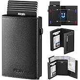 Mrain Mens Slim Minimalist Wallet Card Holder with Coin Pocket, Cash Slot, Magnetic Closure, Pop Up Aluminum Case, ID Window, Leather Wallet, RFID Blocking, 9-13 Card Capacity (Black)