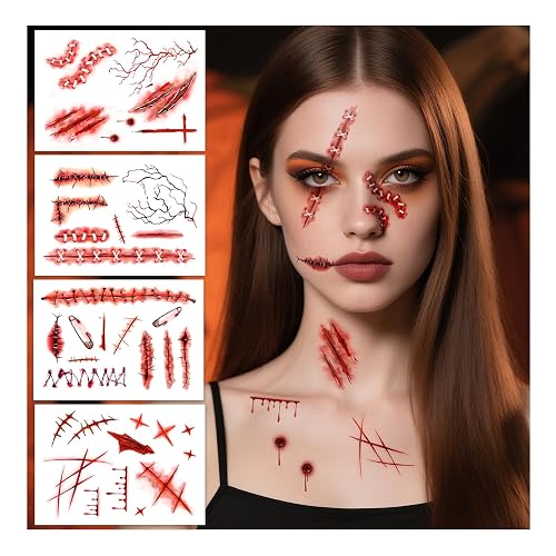 Leesgel Halloween Tattoos, Fake Blood, Cuts, Scars and Wounds Makeup Accessories, Temporary Tattoos Face Stickers for Women, Men, Kids Halloween Costumes Decorations