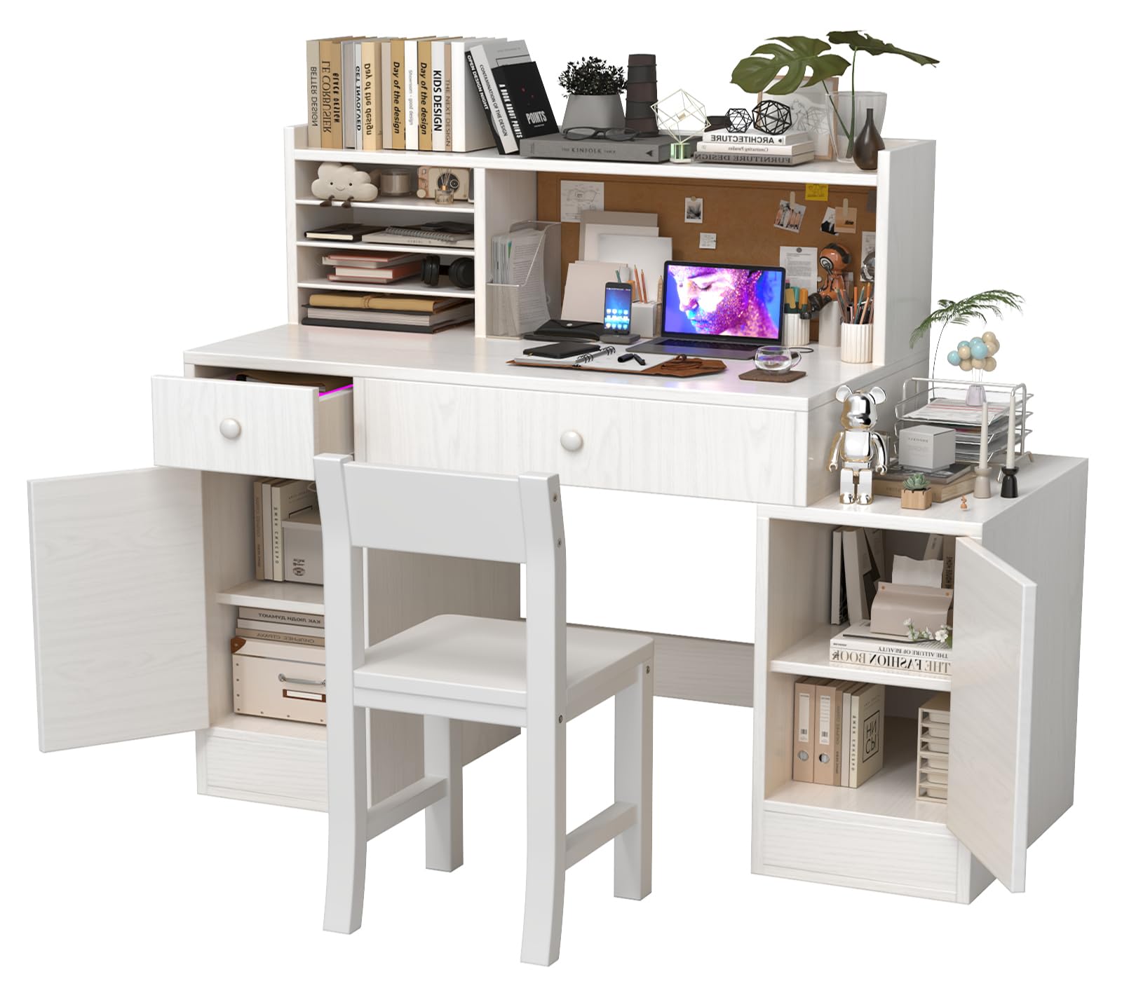 Photo 1 of ***MAYBE PARTS ONLY***
RUPOLX White Wooden Kids Desk and Chair Set,Kids Study Desk with Closable Large Storage Cabinet,Kids Study Table and Chair Set with 2 Drawers & 4 Cabinets,Girls Study Desk for Kid for Bedroom-oTSCRU