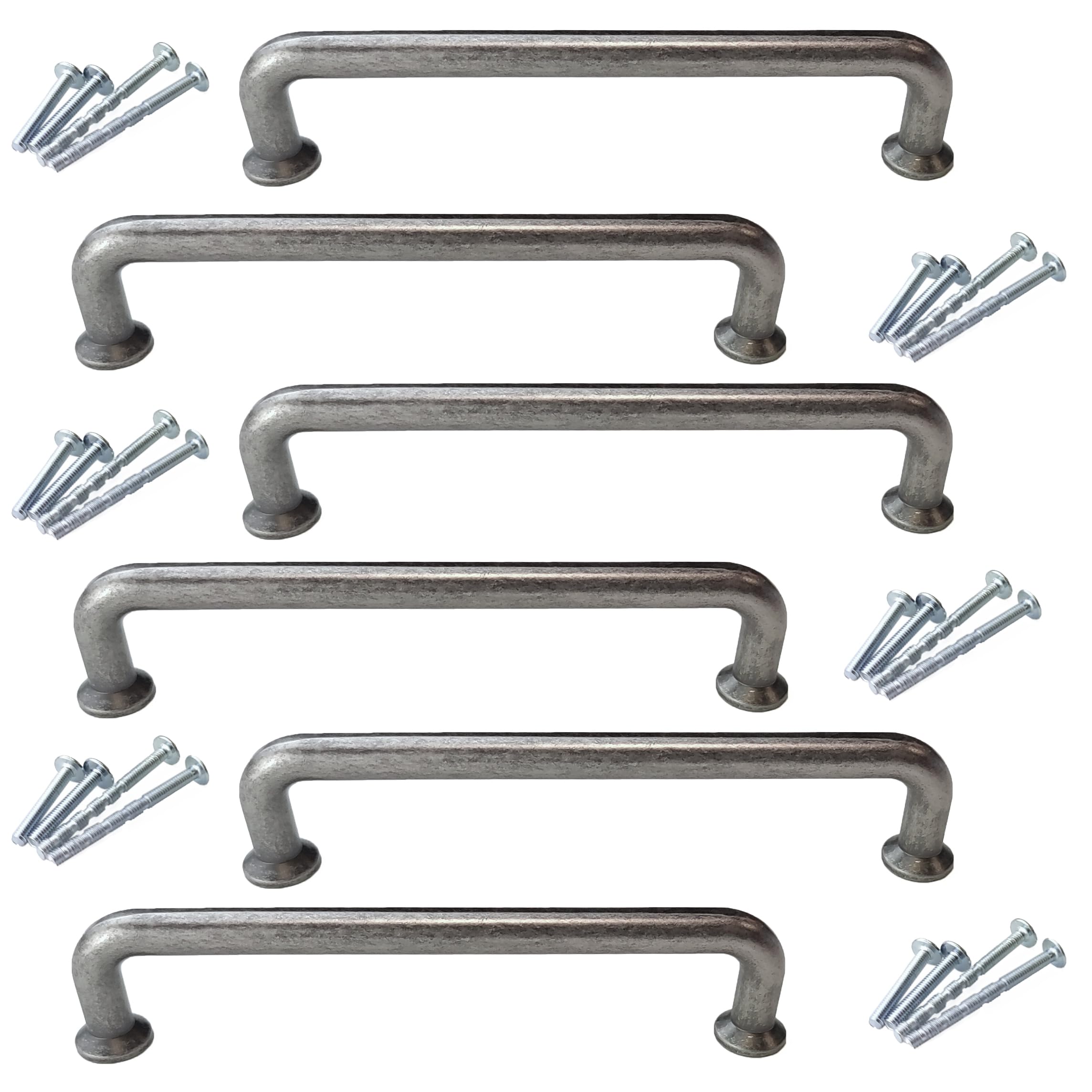 French Furniture Fittings Cupboard Handles, Set of 6 Door Handles, Antique Pewter, Cabinet Handles for Kitchen cupboards and Drawers (128mm Between fixings)