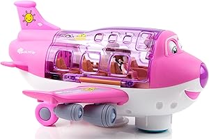 Toysery Airplane Toys for Kids, Bump and Go Action, Toddler Toy Plane with LED Flashing Lights and Sounds for Boys & Girls 3-12 Years Old (Pink Cargo Airplane)