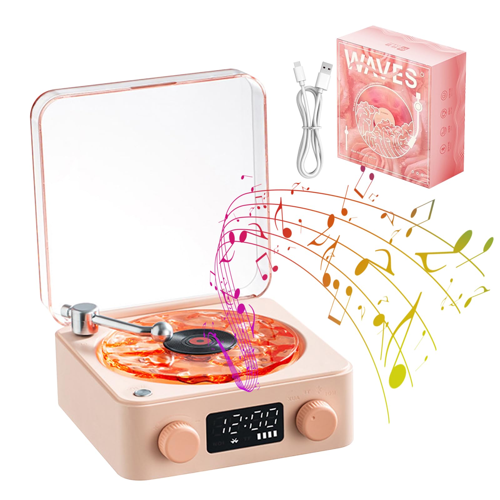 Vinyl Player The Waves Mini Retro White Noise Speaker Portable with 4 Sounds of Nature, Portable Waves Speaker with RGB Light(Pink)