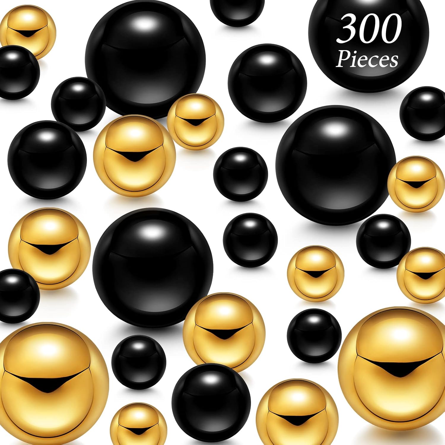 Vase Fillers - 300 Pieces Vase Filler Faux Pearls Vase Makeup Brush Beads Bulk No Hole Gloss Pearl Beads Mixed Sizes Round Pearls for Vase Home Party Wedding Decor, 8/14/20 mm (Gold, Black)
