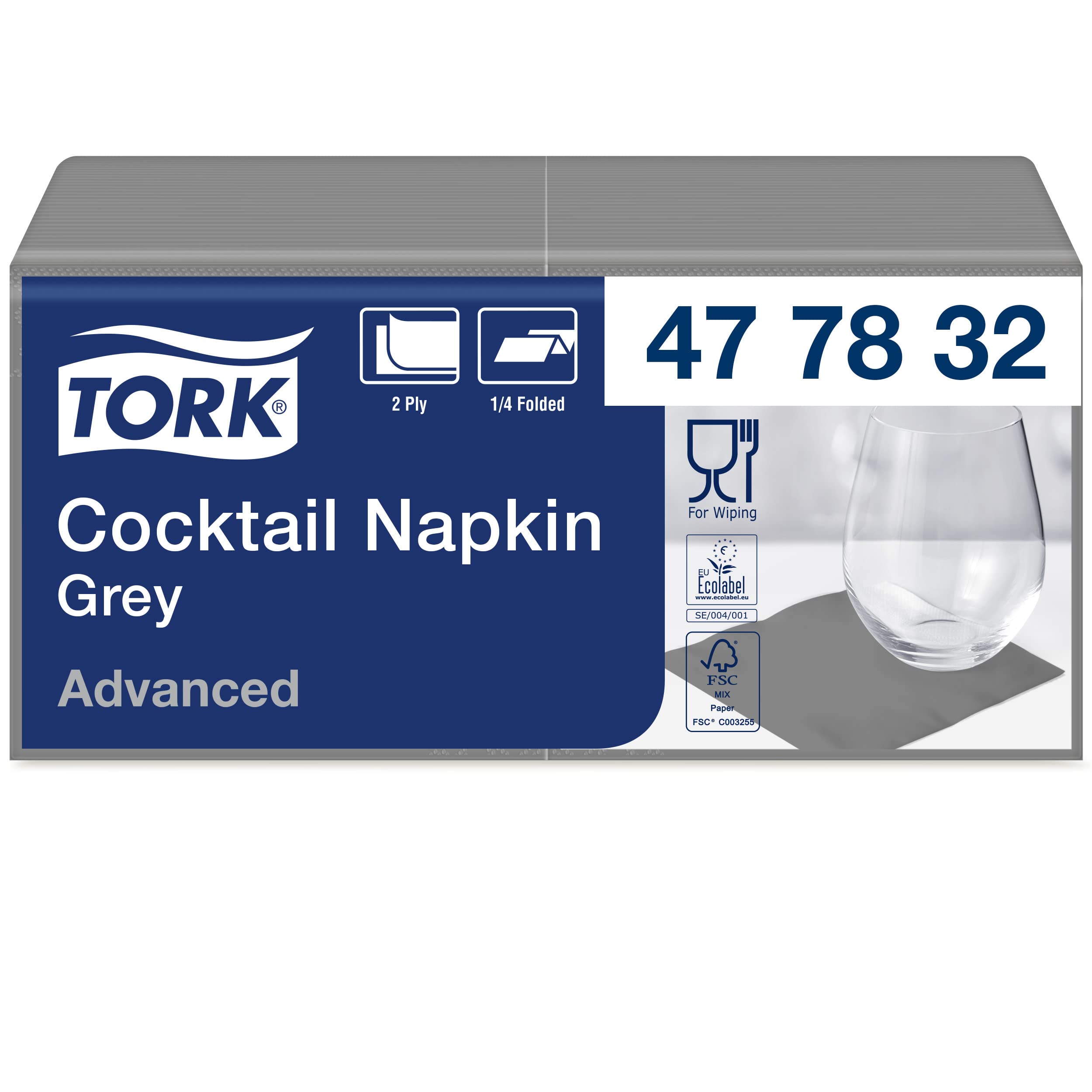 Tork 477832 Grey Cocktail Napkin / 2 Ply Advanced, Unprinted Serviette in Grey / 12 x 200 Sheets (WxL: 11.9cm x 12cm)