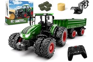Uarzt Remote Control Tractor Toy, Kids RC Tractor Set & Truck and Trailer Front Loader - Metal Car Head/8 Wheel/Light, Toddlers Farm Vehicle Toys for 3 4 5 6 7 8 9 Year Old Boys Girls Birthday Gift