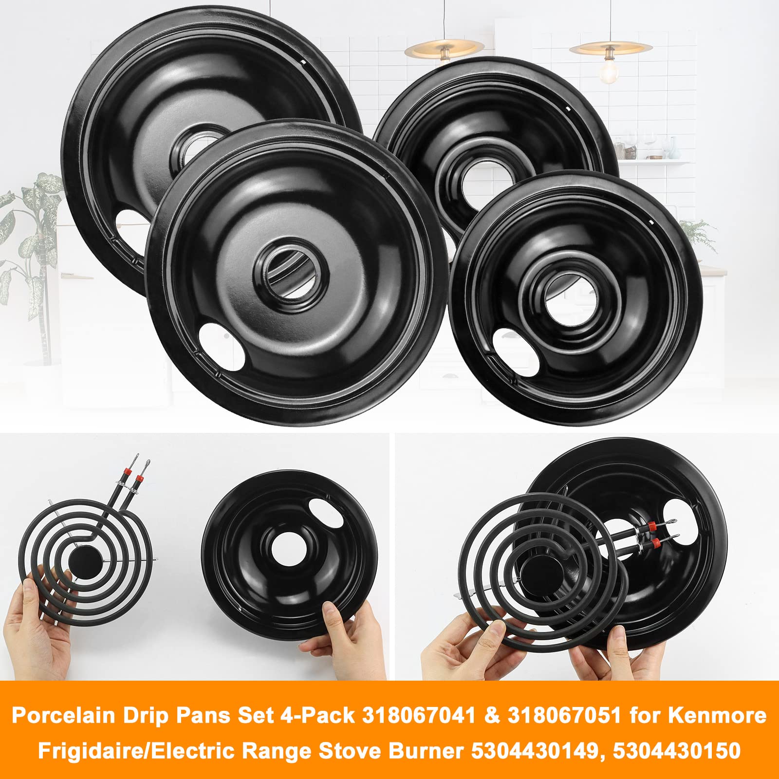 Black Porcelain Drip Pans Set 4-Pack 318067041 & 318067051 Compatible with Frigi-daire Ken-more Range Oven Replaces Electric Range Stove Burner 5304430149,5304430150 by Fetechmate