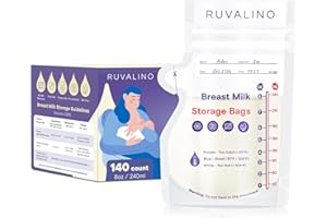 Breast Milk Storage Bags Freezer - RUVALINO® 8oz 140 Count Temp-Sensing Breast Milk Storing Bags for Breastfeeding with Pour Spout, Presterilized, No-Leak, Doubled-Sealed Bag for Fridge and Freezing