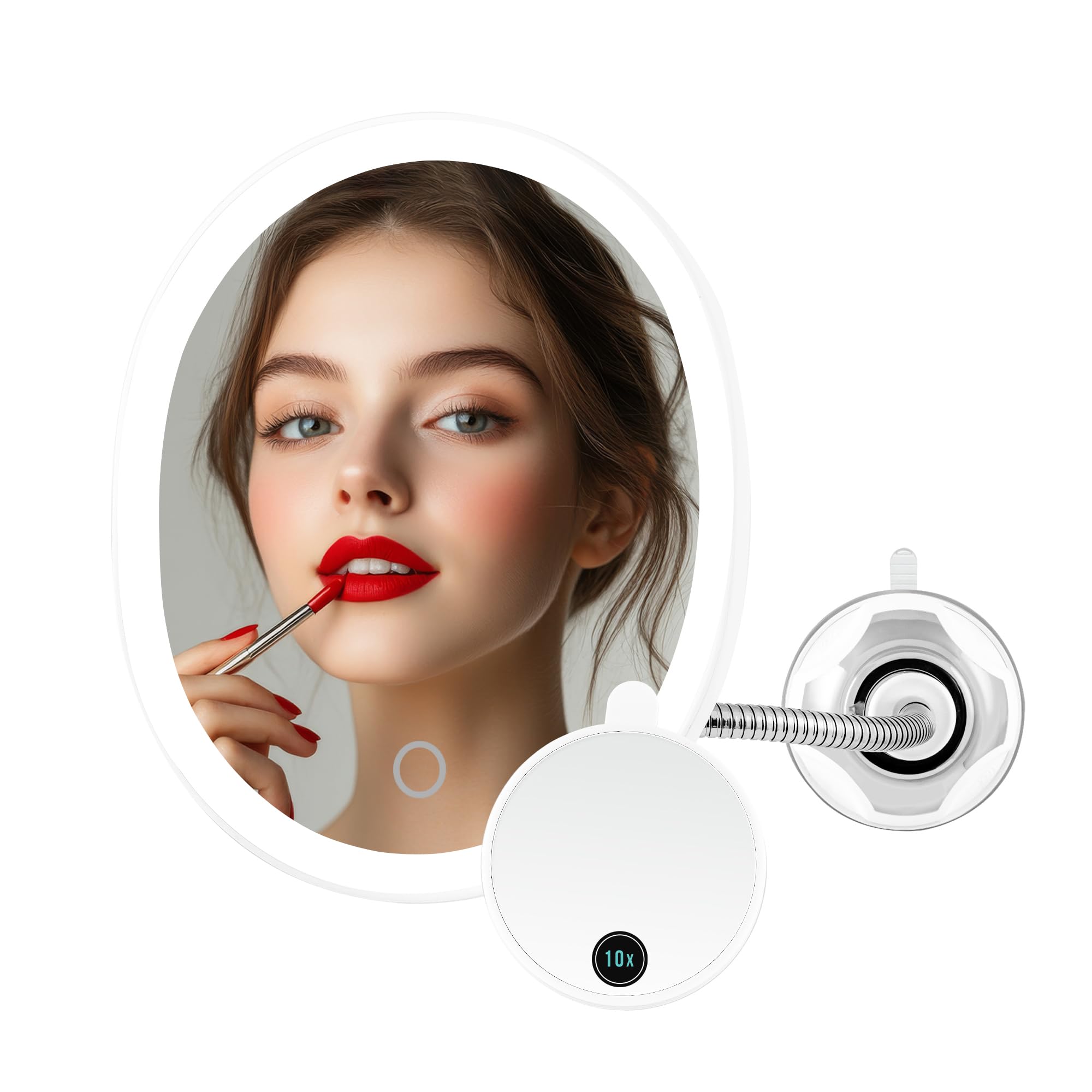 OVENTE 9'' Rechargeable Lighted Wall Mount Makeup Mirror for Bathroom with Mini Magnetic 10X Magnifying Mirror, Touch Screen Dimmable LED Lights, Flexible Gooseneck and Suction Mounting, White MOW22W