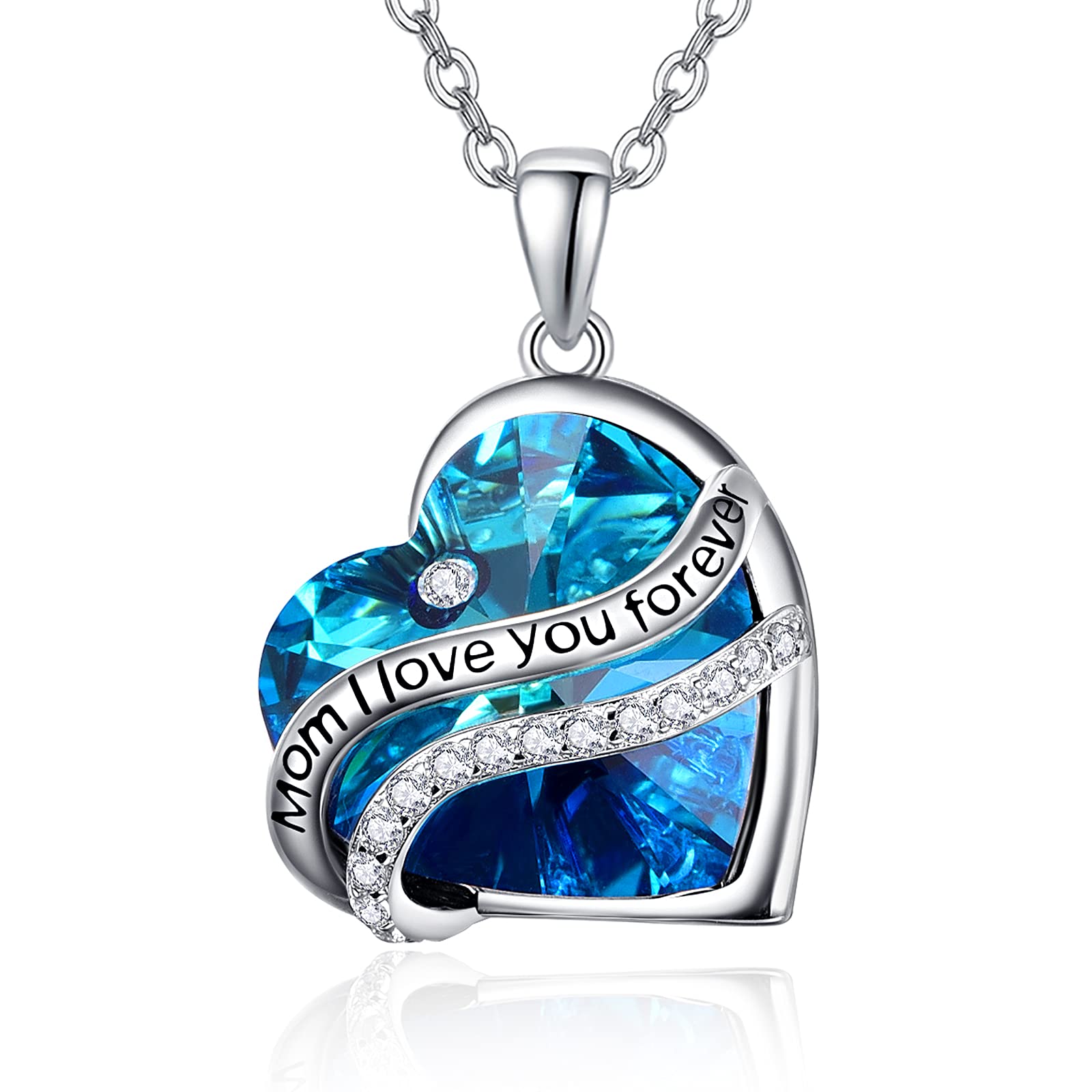 TANGPOET Blue Crystal Necklace 925 Sterling Silver Mum I Love You Forever Pendant Crystals Jewellery Gifts for Women Ladies Girls