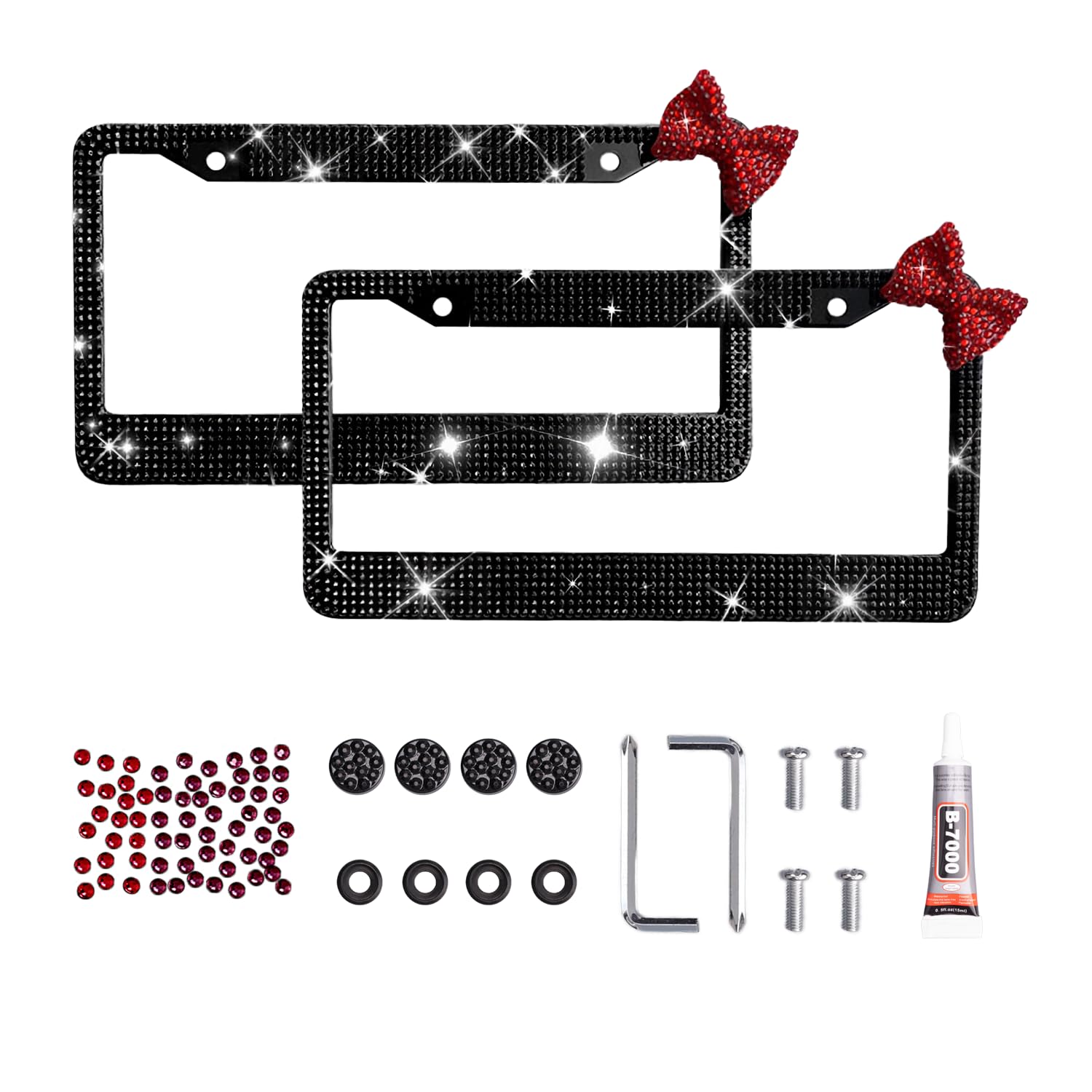 Photo 1 of 2 Pack Rhinestone License Plate Frame for Women – Sparkly Bling Diamond Car Accessories, Shiny Crystal License Plate Covers with Red Bow & Glitter Screw Caps, Fits Standard US Plates (Black & Red)