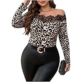 Floerns Women's Plus Size Leopard Print Lace Trim Off Shoulder Tee Shirts Y2K Long Sleeve Tops