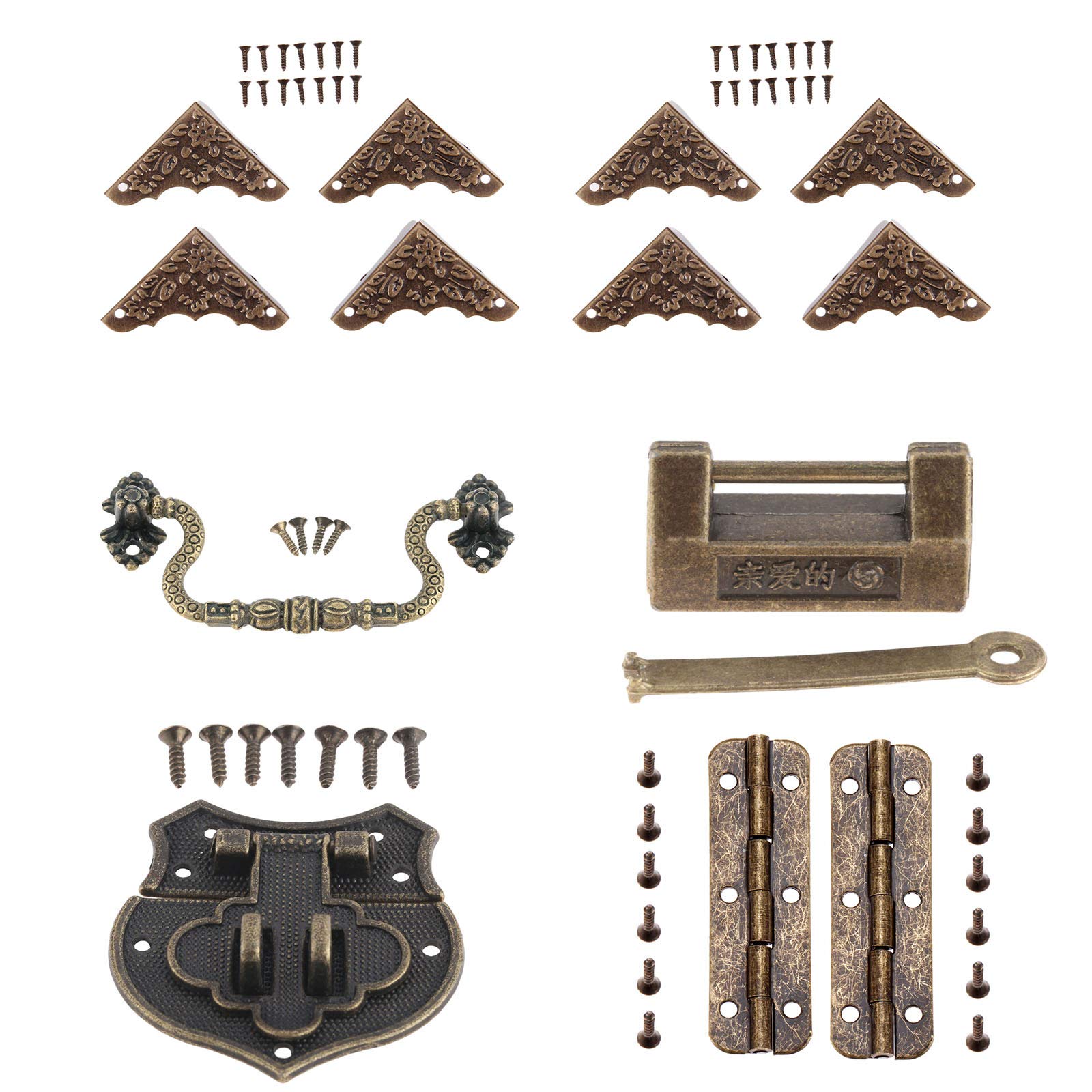 Yetaha Box Corner Protectors Vintage Box Lock Latch Hasp with Padlock Pull Handle and Hinges Delicate Hardware Kit Chinese Classical Culture Little Butterfly Pattern for Little Cases Boxes