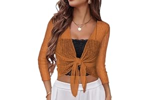 CHICGAL Women Crop Cardigan Sheer Mesh Bolero Shrug for Dress Tie Front 3/4 Sleeve Tops