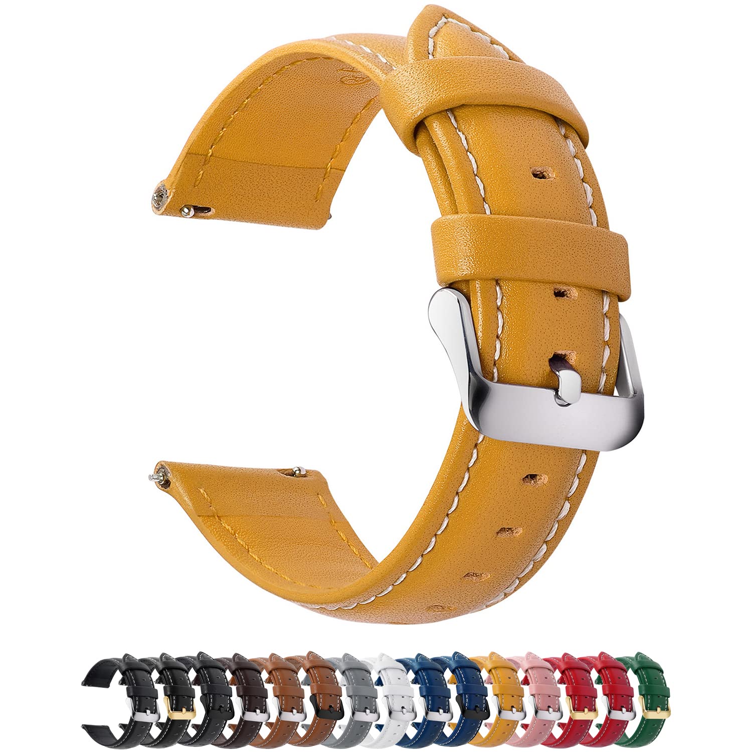 Photo 1 of Fullmosa Watch Straps 20mm, Axus Series Leather Strap Replacement Watch Strap with Stainless Steel Metal Clasp for Men Women 14/16/18/20/22/24mm, Yellow 20mm