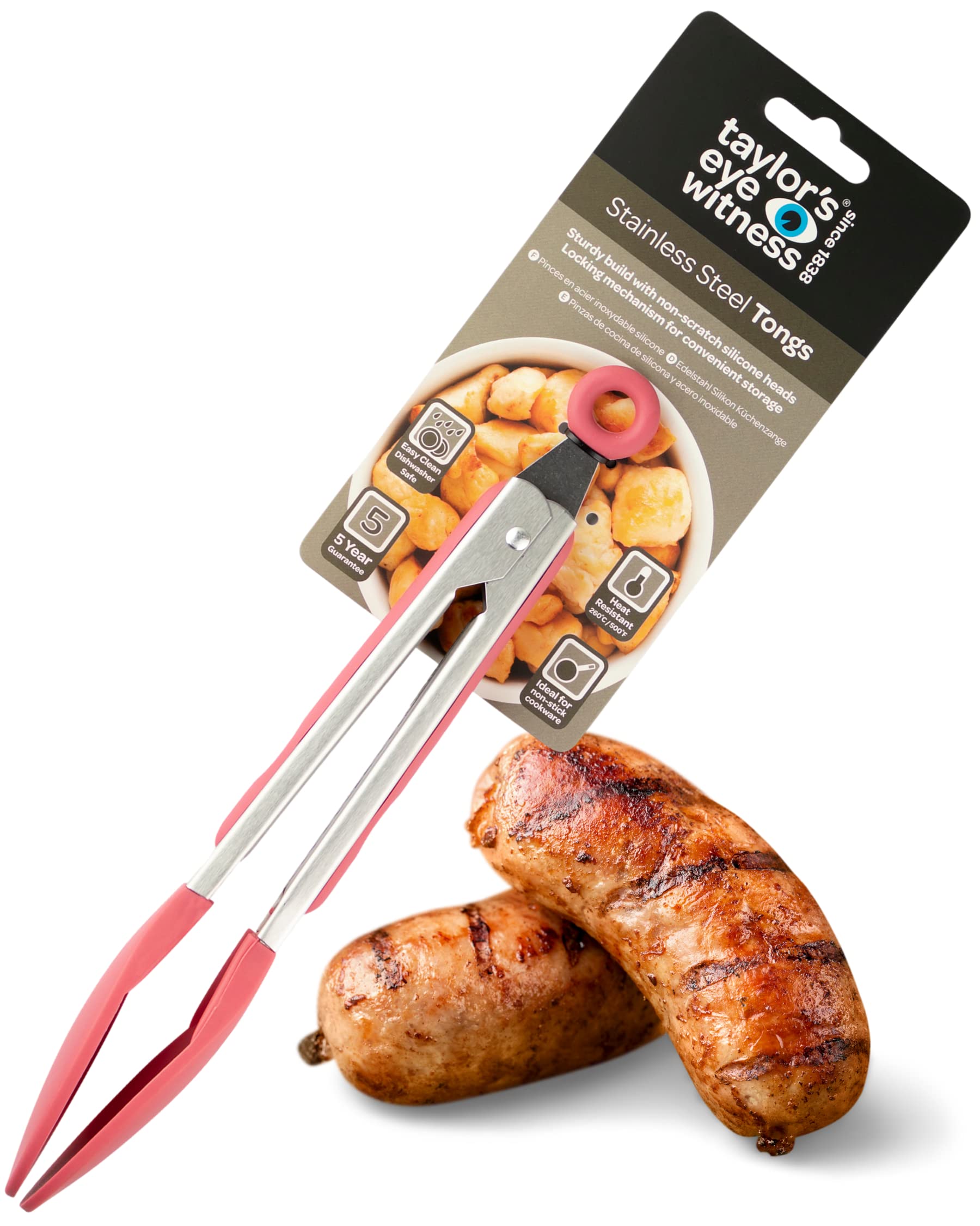 Taylors Eye Witness Large Steel Raspberry Silicone Tongs - Dishwasher Safe. Sturdy Build, Non-Scratch Heads, Convenient Locking Mechanism. Odour, Stain & Heat Resistant (260°C/500°F). 5 Year Guarantee