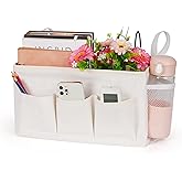 Lilithye Bedside Caddy Storage Organizer with Fixed Straps and Water Bottle Holder for Home, College, Dorm, Bunk/Hospital/Crib Bed Rails, White
