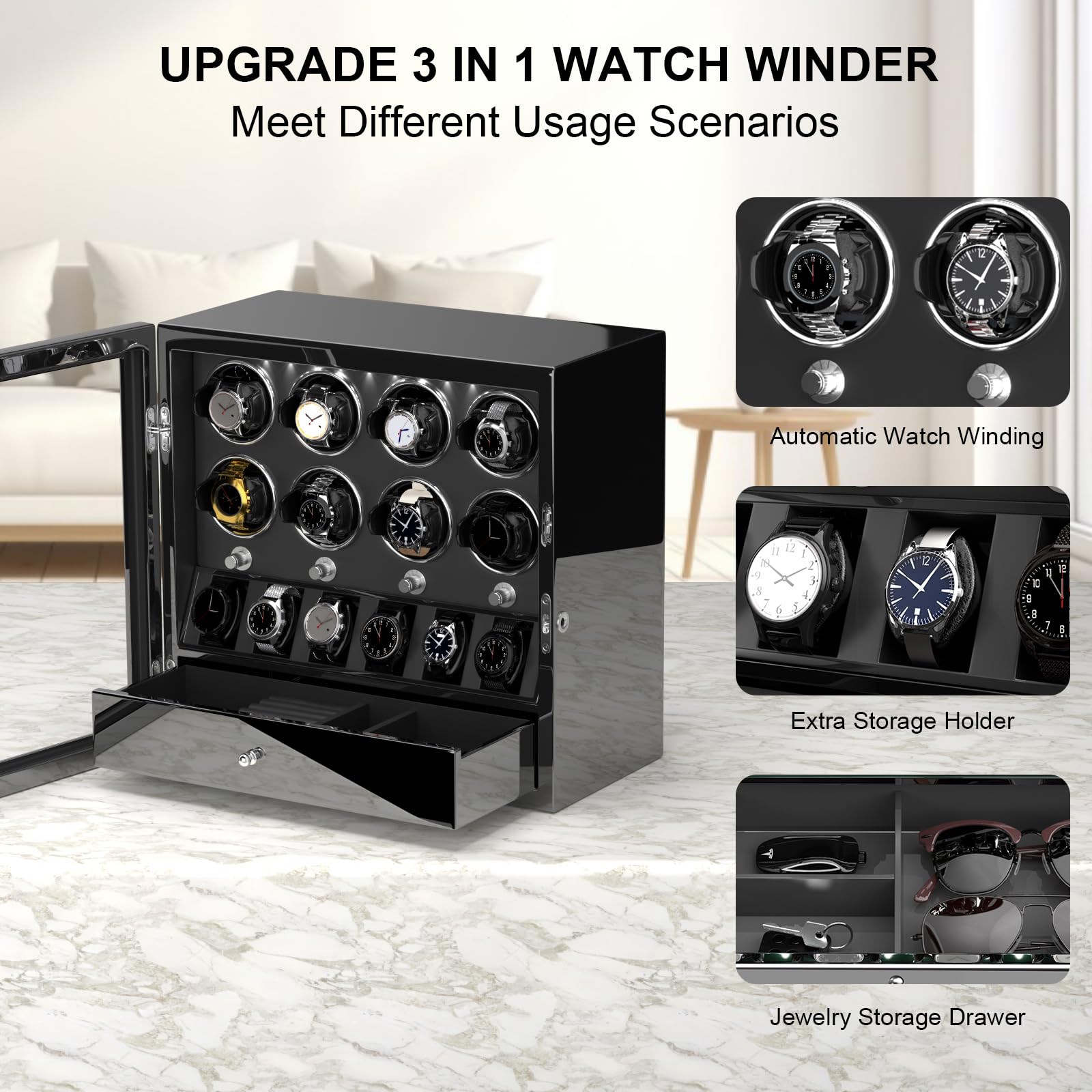 DUKWIN Watch Winder for 4/6/8 Automatic Watches, Lockable Winders with Watch Holders and Jewelry Storage, Super Quiet Motor with High-Gloss Finish, Built-in Illumination