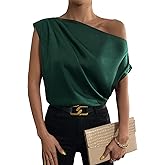 OYOANGLE Women's Satin Off The Shoulder Short Sleeve Asymmetrical Neck Ruched Work Office Blouse Top