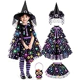Relaehih Halloween Witch Costume For Girls with Cape, Hat & Tutu Dress, Trick or Treat Bag, Cosplay Party, Cute Outfit Gift For Ages 3 4 5 6 7 8