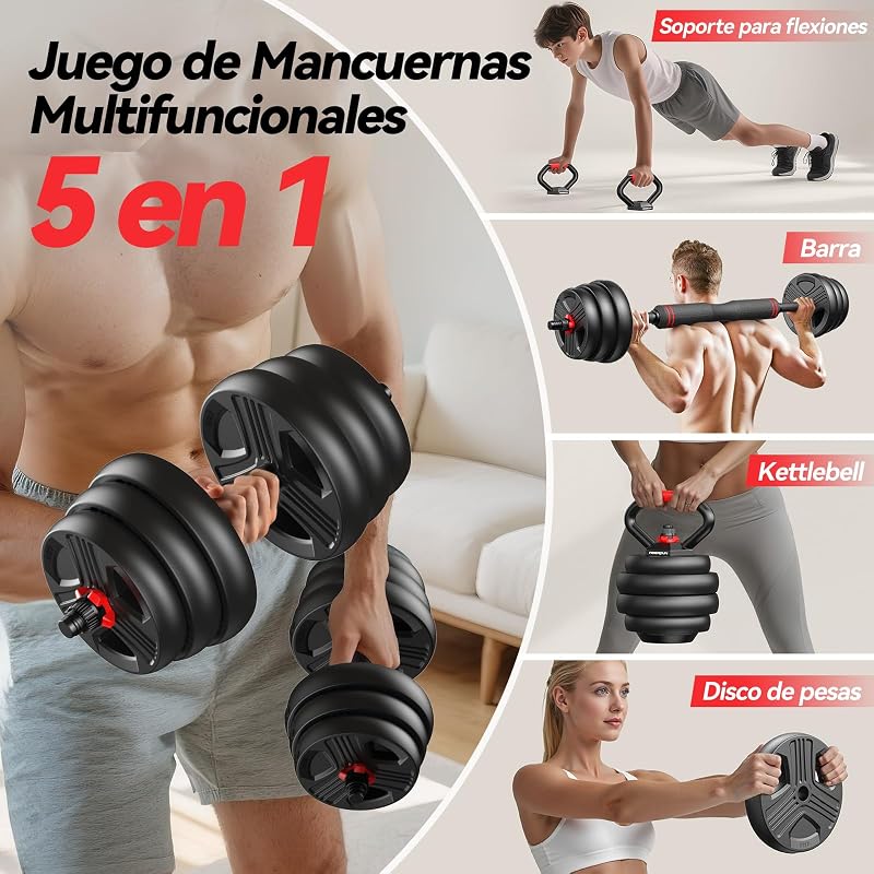 10kg-40kg Juego de Pesas y Mancuernas Ajustables, Kit Pesas 5 en 1 con Barra, Pesas Rusas y Soportes Para Flexiones, Equipo de Entrenamiento Progresivo para Toda la Familia