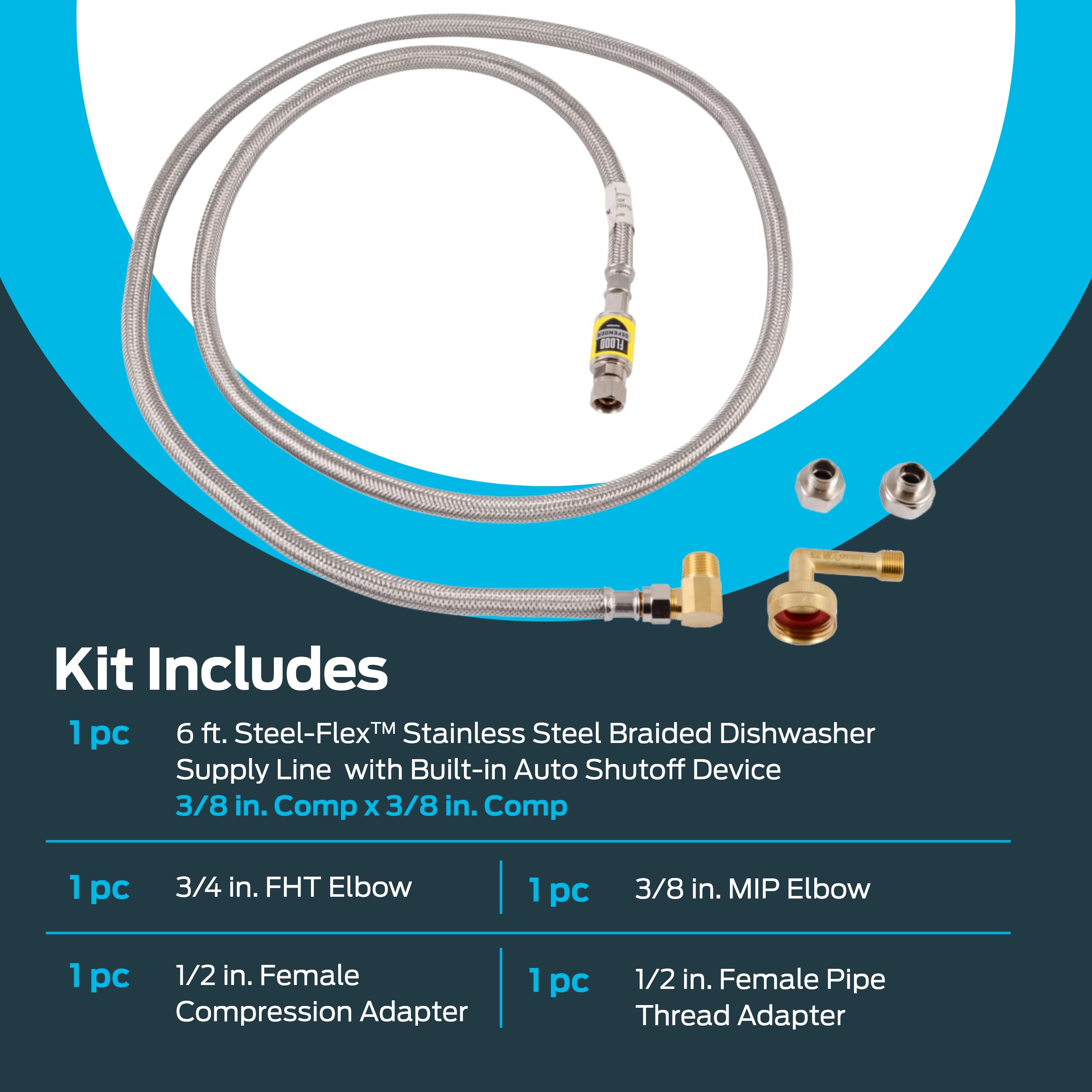 Eastman Flood Defender Dishwasher Installation Kit, 6 Foot Supply Line with Adapters, Auto Shutoff Valve, 3/8 Inch MIP x 3/4 Inch FHT Elbows, 98556
